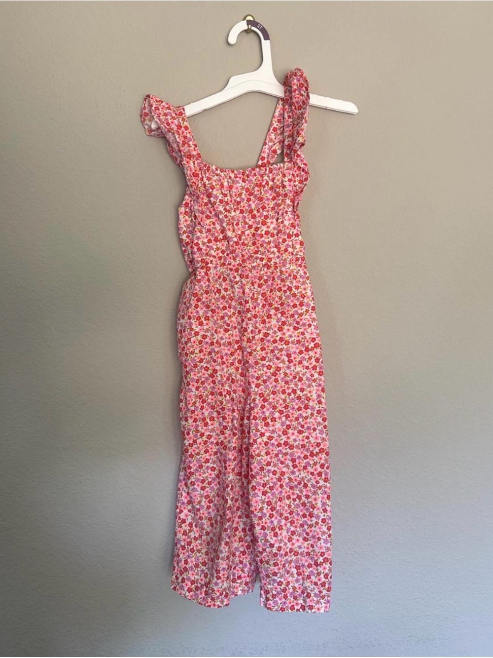 Tea Collection Pink Floral Jumpsuit with Ruffled Straps